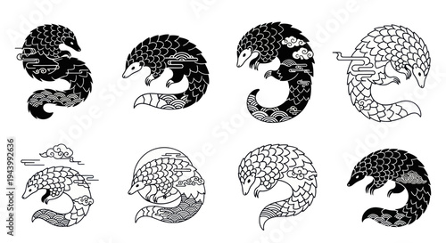 Pangolin Illustrations: Black and White Line Art with Traditional Asian Motifs