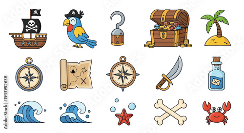 Pirate Icons Set: Ship, Parrot, Treasure Chest, Map, Compass, Sword, Hook