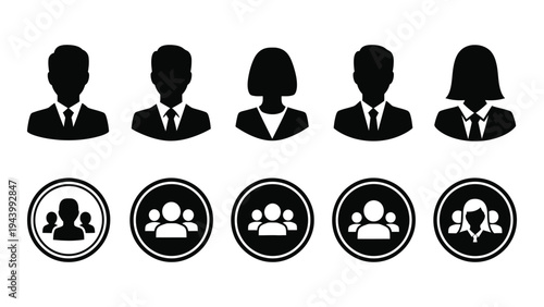 Collection of silhouette icons representing business professionals and teamwork concepts