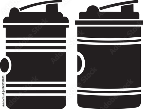 Two silhouette icons of a thermos bottle, simple flat design, isolated on white background, beverage and travel container graphic, Thermos, Bottle, Icon, Silhouette