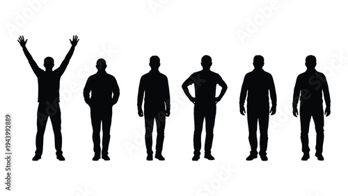 A group of six black silhouettes of men in various poses on a white background, conveying different emotions and body language, including one with arms raised in celebration