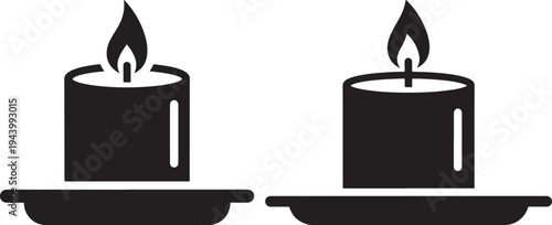 Two black silhouette icons of a burning candle on a saucer, simple flat design, isolated on white background, light and spirituality symbol, Candle, Icon, Silhouette