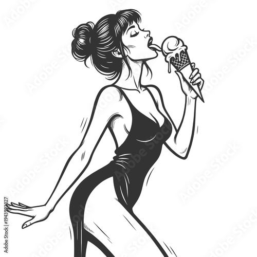 glamorous retro woman licking an ice cream cone, playful summer portrait with pinup style sketch engraving generative ai fictional character vector illustration. Scratch board. Black and white image.