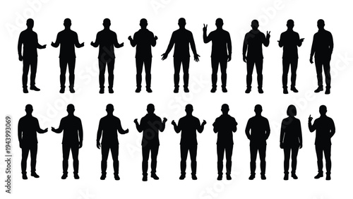 Collection of diverse human silhouettes displaying various body language and gestures in black on white background for design and communication