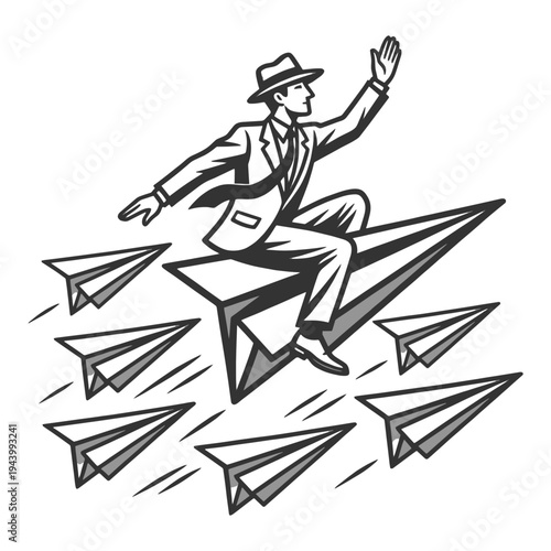 businessman riding a paper airplane among others, leadership, innovation, direction, and standing out in business sketch engraving generative ai vector illustration. Scratch board. Black and white.