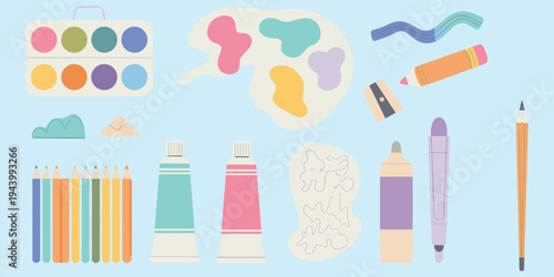 Art Supplies Including Paint Tubes, Pencils, And Palette painting drawing