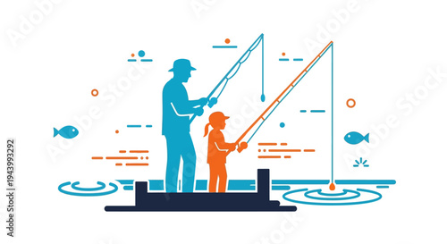 Man and boy fishing together outdoors.