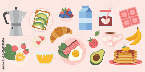 Assorted Breakfast Foods and Drinks in a Flat Design Style Keywords: breakfast, food, meal, morning, healthy, delicious, coffee