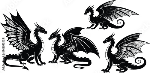 Black dragon illustration vector set, mythical fantasy creature collection with wings and tails, legendary monster graphics isolated on white background,