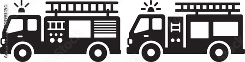 Fire Truck Icon Set, Two Emergency Vehicle Silhouettes on White Background, Fire Engine, Icon, Illustration, Silhouette, Vector, Emergency, Vehicle, Service