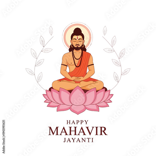 Happy Mahavir Jayanti Greeting Card with Lord Mahavir Meditating on Lotus Flower
