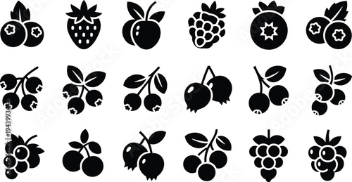 Assortment of berry and fruit icons in black silhouette on a white background blueberry strawberry