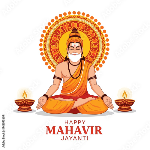 Happy Mahavir Jayanti greeting with meditating Lord Mahavir and diyas