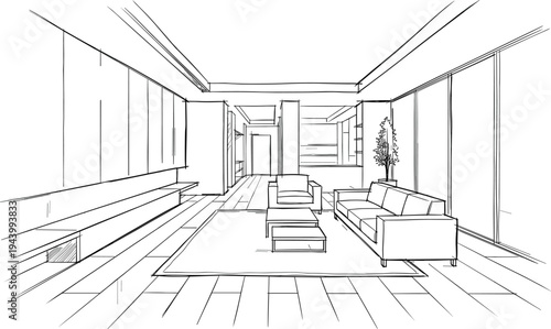 Architectural sketch of a modern minimalist living room featuring a low-profile sofa, nested coffee tables, and a long built-in console in a perspective view.