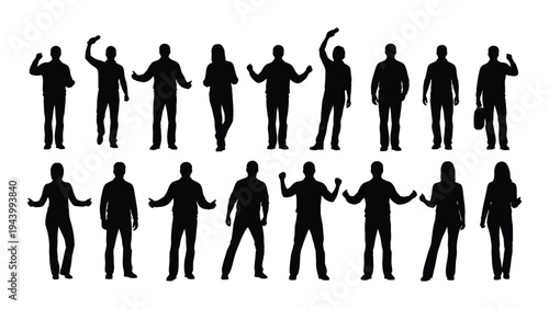Collection of diverse human silhouettes in various poses and gestures, showcasing different body language and emotions
