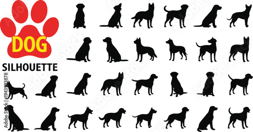 Dog silhouette collection, sitting outline figure, walking posture design, standing canine icon, pet illustration motif, animal profile art