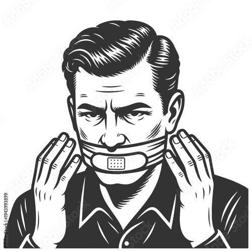 distressed man covering his mouth with cloth, censorship, suppression of speech, fear, and silence sketch engraving vector illustration. Scratch board imitation. Black and white image.