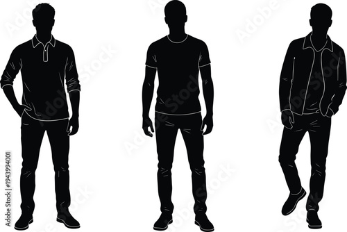 Male fashion silhouettes, casual clothing outline, polo shirt figure, t‑shirt design, jacket style icon, standing posture illustration art