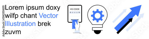 Business management, innovation, workflow automation, trade, technology integration, process improvement. Hand interacting with HS code, gear bulb and arrows. Innovation and workflow automation