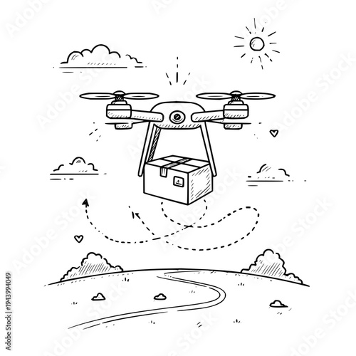 Conceptual hand-drawn doodle of a drone delivering a package over a rural landscape, symbolizing efficient e-commerce.