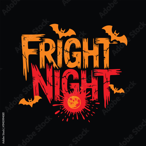 Fright night vector illustration with spooky bats and red moon for halloween holiday party