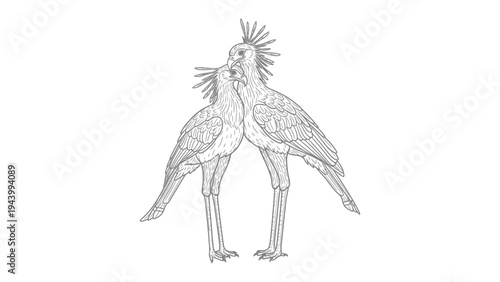 Affectionate Bird's Embrace: Two birds stand facing each other, with their heads close in a tender moment, representing a connection, closeness, relationship, togetherness and affection.