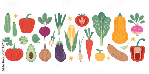 Assortment of Fresh Vegetables and Fruits in a Flat Design Style Keywords: vegetables, fruits, food, healthy, organic, fresh