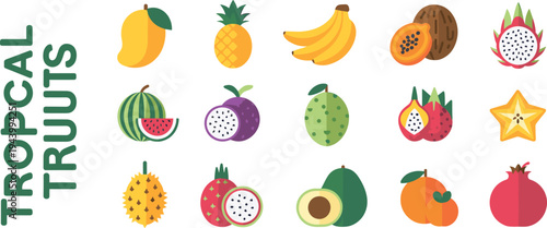 Assortment of colorful tropical fruits arranged in rows with text TROPICALFRUITS