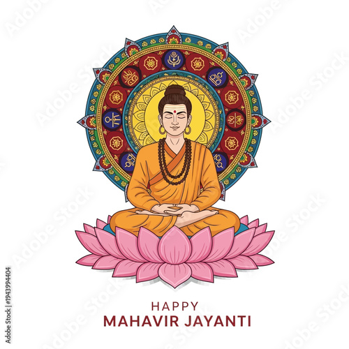 Buddha meditating on lotus flower, Mahavir Jayanti celebration, spiritual enlightenment, Indian festival