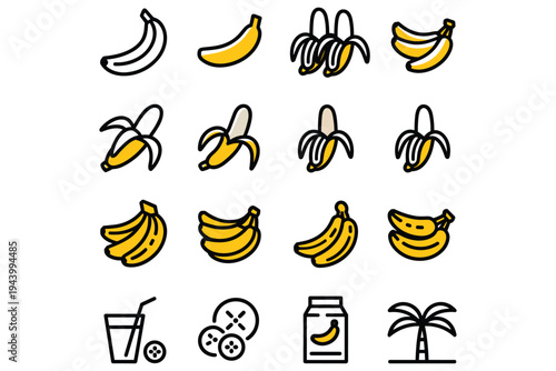 Banana Icon Set with Fruit, Drink, and Palm Tree Illustrations yellow
