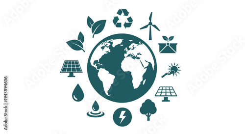 Earth surrounded by renewable energy and environmental icons.