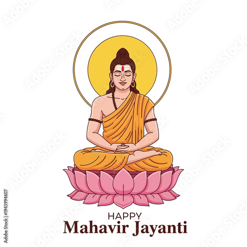 Happy Mahavir Jayanti: Lord Mahavir meditating on a lotus, symbol of peace and enlightenment