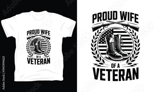 Proud wife of veteran military boots and rifles with american flag background vector design