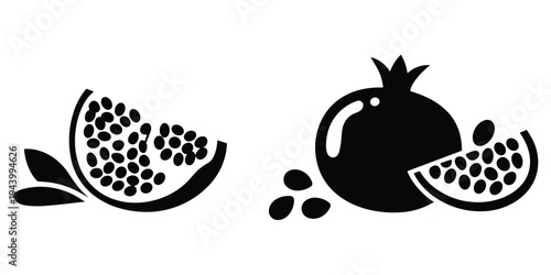Black silhouette icons of a pomegranate slice and a whole pomegranate with seeds and a slice