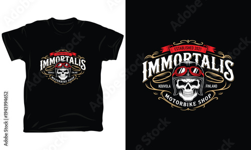 Immortalis motorbike shop emblem featuring skull in helmet with red goggles vector artwork