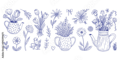 Blue Line Art Sketch Of Flowers In Teapots And A Bird With Leaves And Hearts Keywords: flowers, floral, teapot, bird, leaves