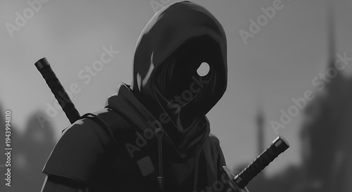 Ninja Warrior Standing with Swords in Cityscape