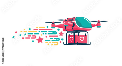 Futuristic Pink Delivery Drone Illustration, Vector Quadcopter Carrying Gift Boxes with Hearts, Modern Smart Logistics Technology with Motion Trail and Stars Design