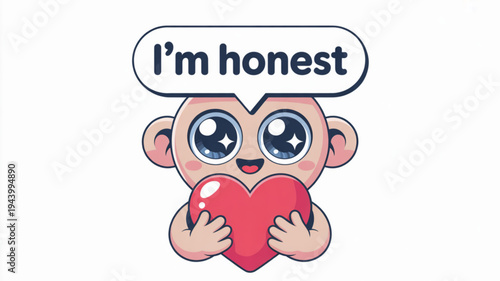 Cute cartoon monkey holding a red heart with Im honest text in a speech bubble vector illustration for expressing sincerity and love