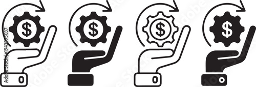 Black and white of hands holding gears with dollar signs