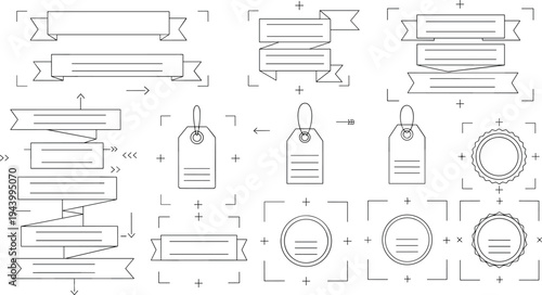 Minimal outline ribbon banners price tags badges and label templates collection for branding marketing promotion and ecommerce design vector set