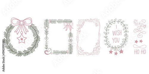Christmas Wreath Frame and Decorative Elements with Stars and Bows Keywords: Christmas, wreath, frame, border, decoration