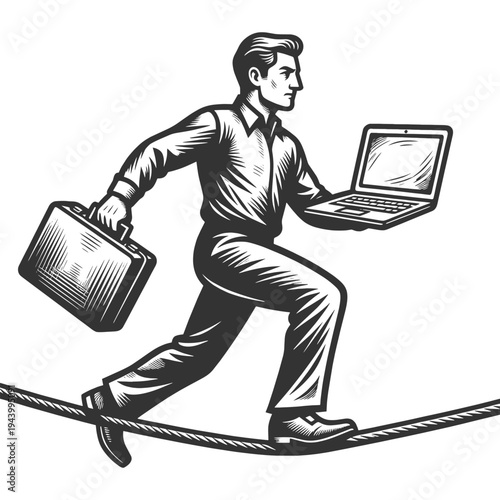 businessman walking on a tightrope holding a laptop and briefcase, symbolizing work-life balance, risk, and pressure sketch engraving generative ai vector illustration. Scratch board. Black and white.