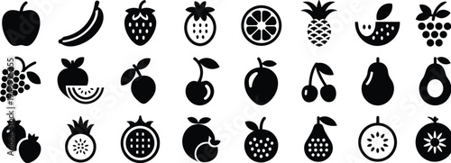Collection of black fruit and vegetable icons on a white background Keywords: apple banana strawberry orange pineapple grapes