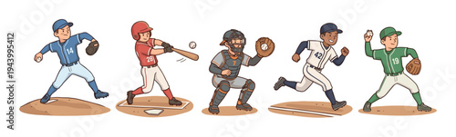Five cartoon baseball player characters showing different game actions like pitching, batting, catching, and running in a dynamic and colorful hand-drawn comic book art style