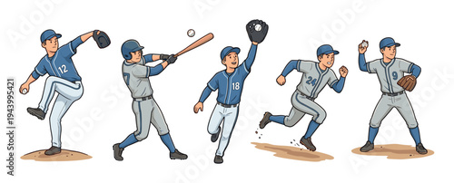 Collection of cartoon baseball player characters in dynamic action poses, including a pitcher throwing, a batter swinging, and fielders catching and running