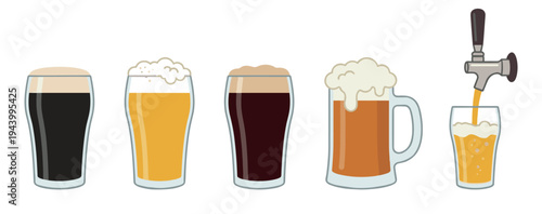 Collection of different beer glasses including stout, lager, and ale, with a tap pouring a fresh pint, presented as a simple flat vector illustration set
