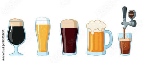 Collection of different beer types in various glasses and a tap pouring a fresh stout, showcasing a variety of craft brews in a flat vector illustration style for a pub menu
