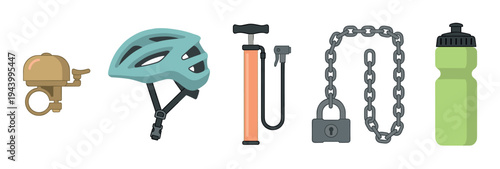 Colorful set of essential bicycle accessories including a classic bell, safety helmet, tire pump, chain lock, and sports water bottle, presented as a flat vector icon collection