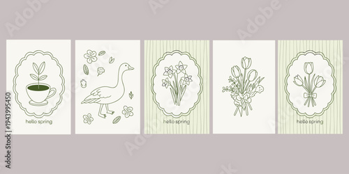 Collection of five spring themed illustrations with floral motifs and text hello spring flowers